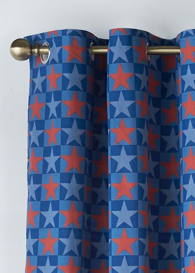 Catherine Lansfield Kids Stars And Check Fully Reversible Eyelet Curtains Blue