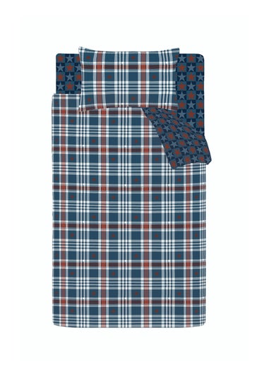 Catherine Lansfield Stars & Check Reversible Duvet Cover Set Blue