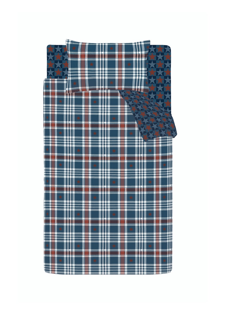 Catherine Lansfield Stars & Check Reversible Duvet Cover Set Blue