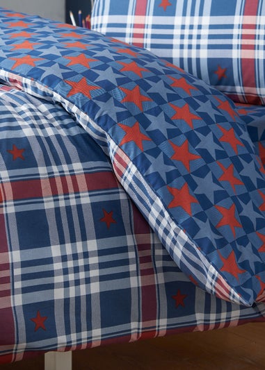 Catherine Lansfield Stars & Check Reversible Duvet Cover Set Blue