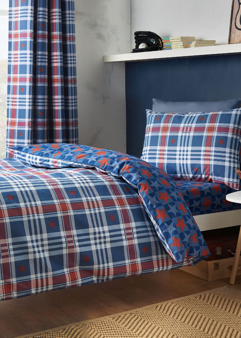 Catherine Lansfield Stars & Check Reversible Duvet Cover Set Blue