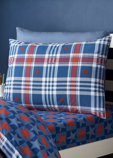 Catherine Lansfield Stars & Check Reversible Duvet Cover Set Blue