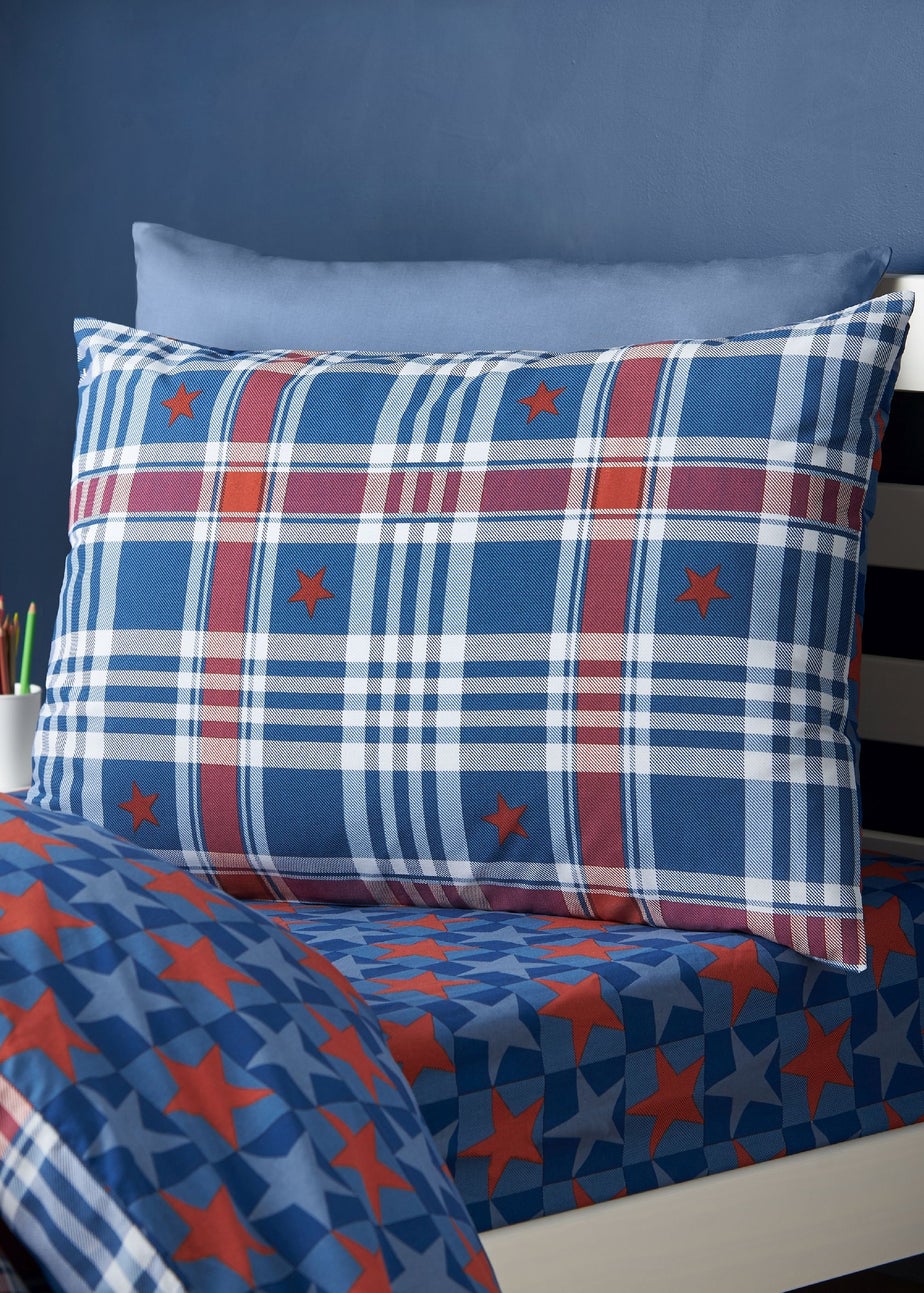 Catherine Lansfield Stars & Check Reversible Duvet Cover Set Blue