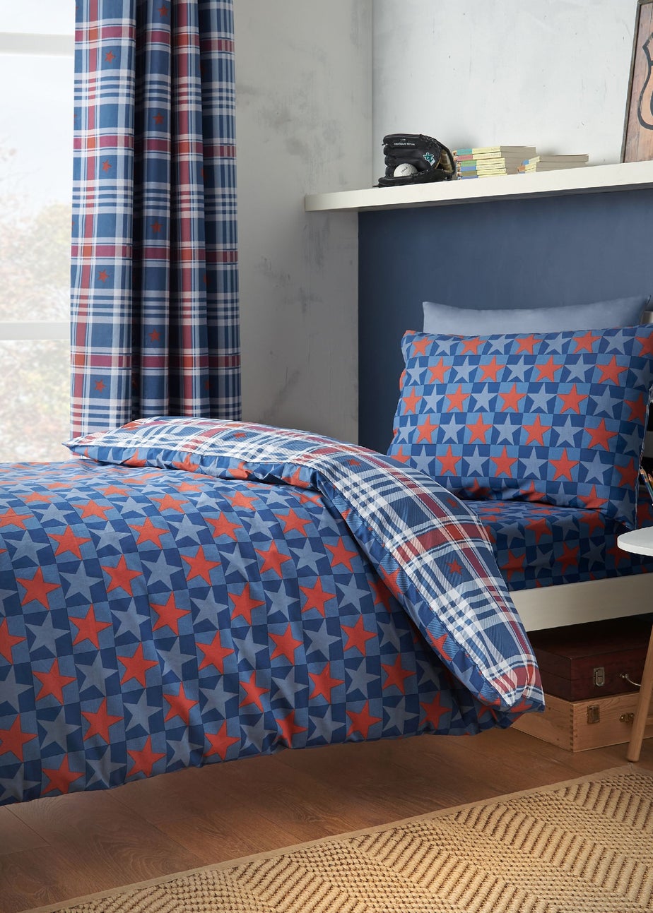Catherine Lansfield Stars & Check Reversible Duvet Cover Set Blue