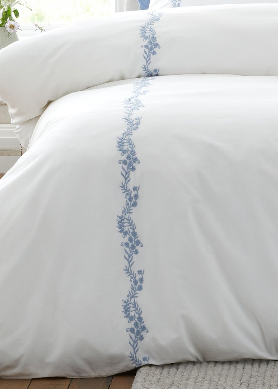 Bianca Fine Linens Camille Embroidered Floral 200 Thread Count Cotton Duvet Cover Set Blue