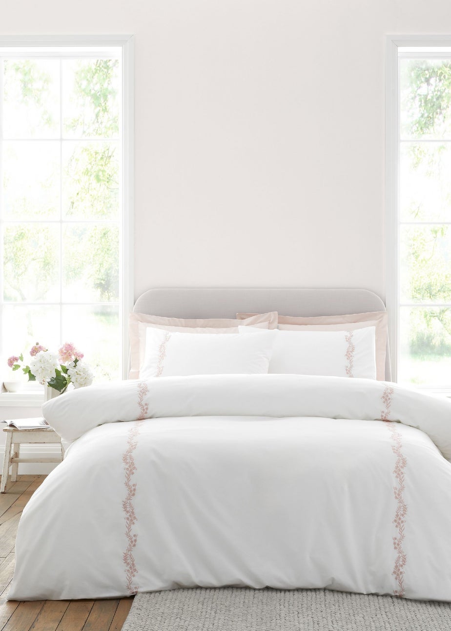 Bianca Fine Linens Camille Embroidered Floral 200 Thread Count Cotton Duvet Cover Set Pink