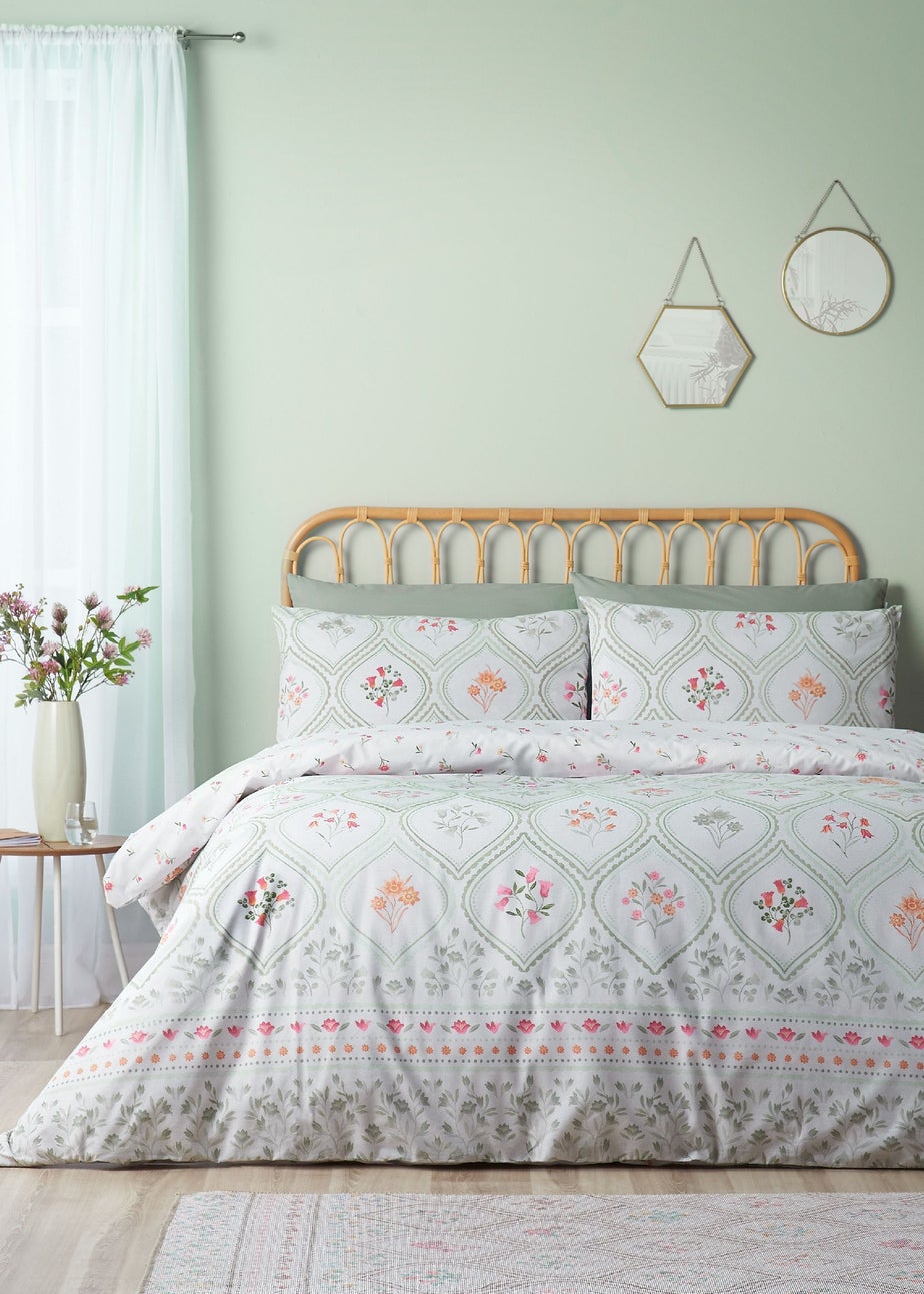 Catherine Lansfield Cameo Floral Reversible Duvet Cover Set Soft Green