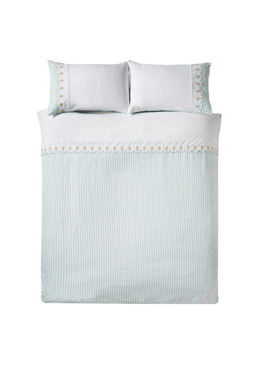 Catherine Lansfield Embroidered Daisy Soft Touch Duvet Cover Set Sage Green