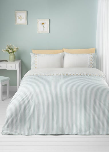 Catherine Lansfield Embroidered Daisy Soft Touch Duvet Cover Set Sage Green