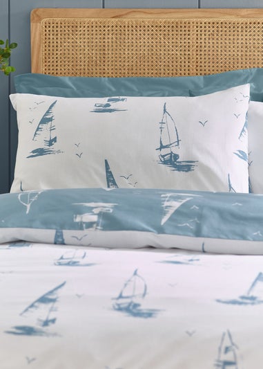 Catherine Lansfield Salcombe Boats Reversible Duvet Cover Set Soft Blue