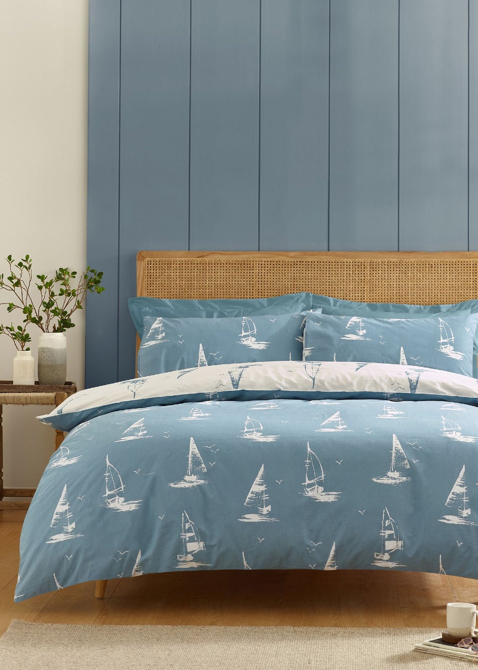 Catherine Lansfield Salcombe Boats Reversible Duvet Cover Set Soft Blue