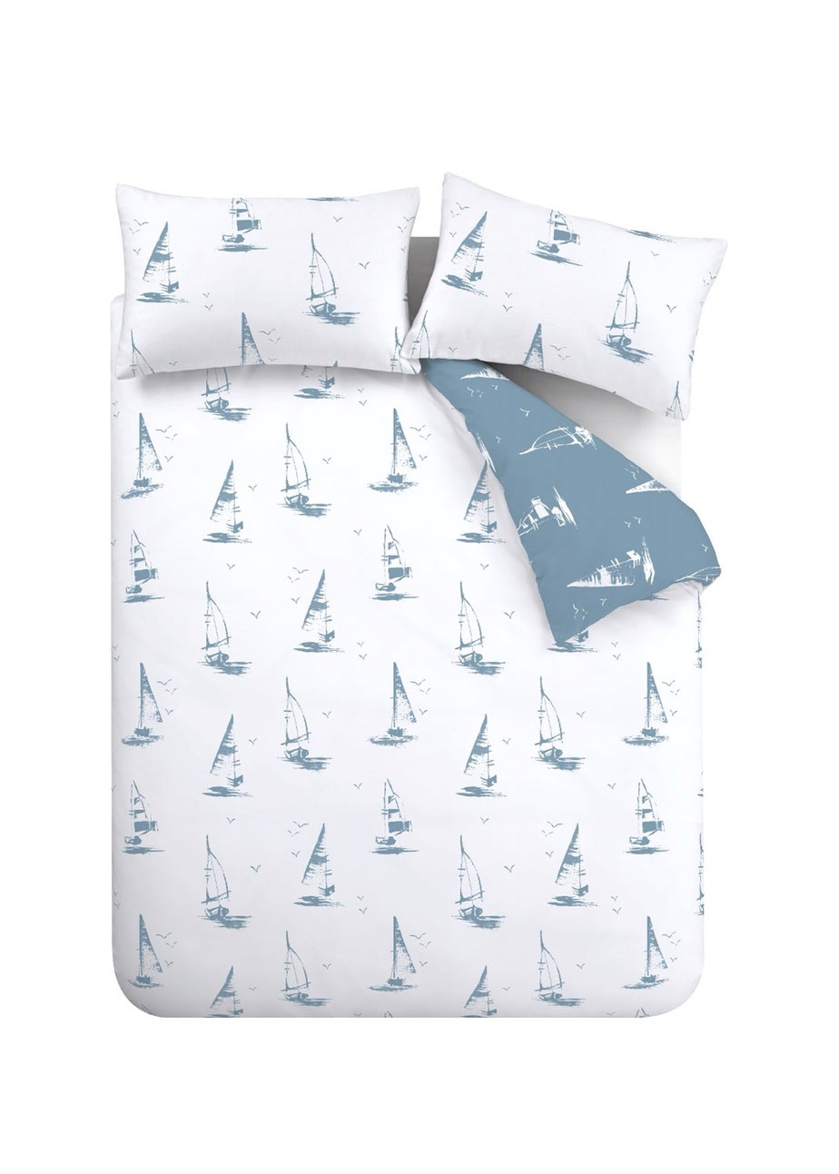Catherine Lansfield Salcombe Boats Reversible Duvet Cover Set Soft Blue