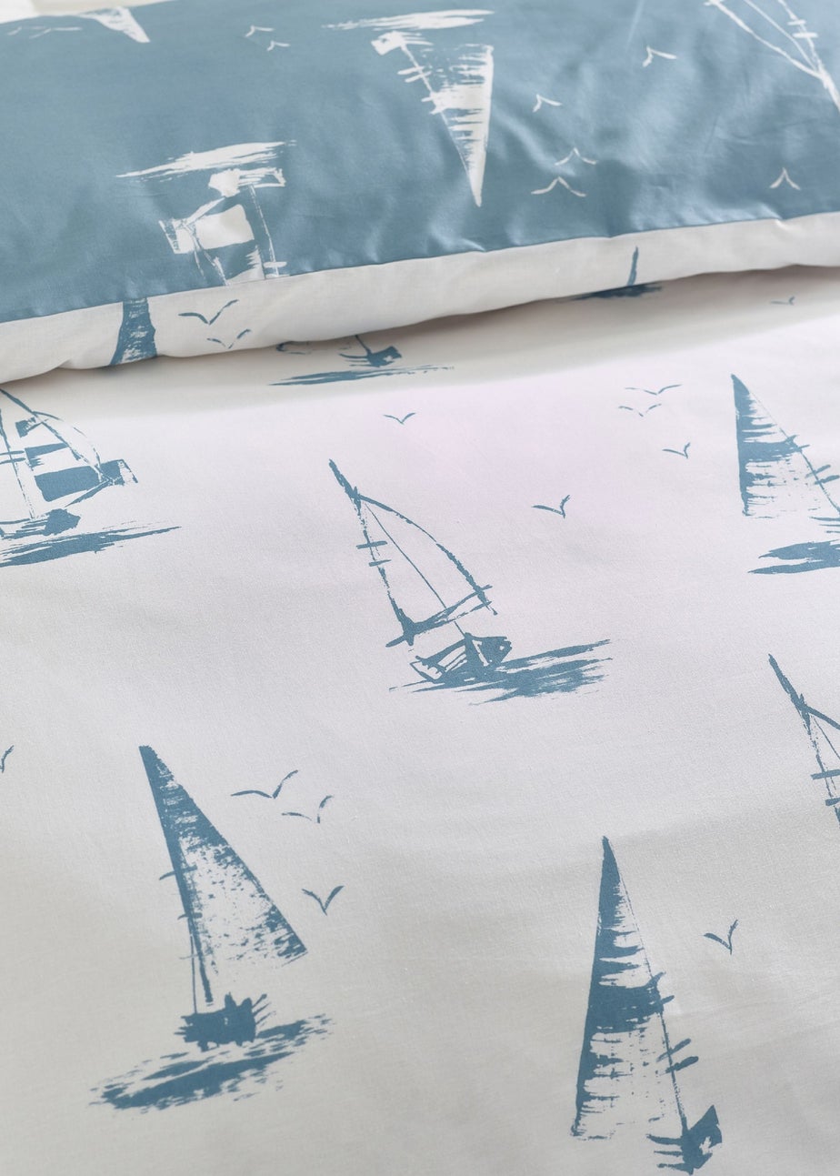 Catherine Lansfield Salcombe Boats Reversible Duvet Cover Set Soft Blue