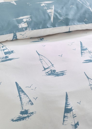 Catherine Lansfield Salcombe Boats Reversible Duvet Cover Set Soft Blue