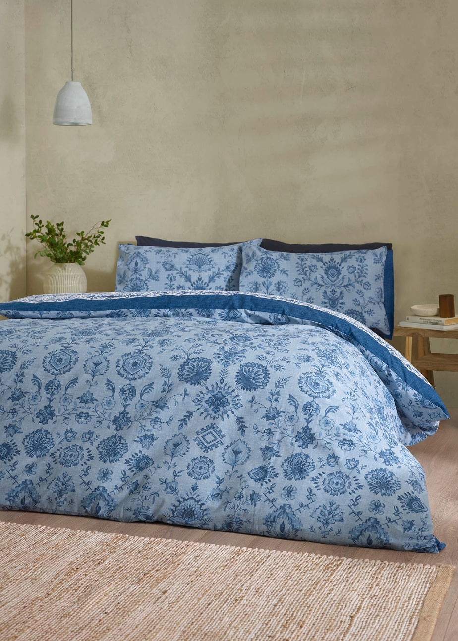 Catherine Lansfield Zoukara Floral Reversible Duvet Cover Set Blue