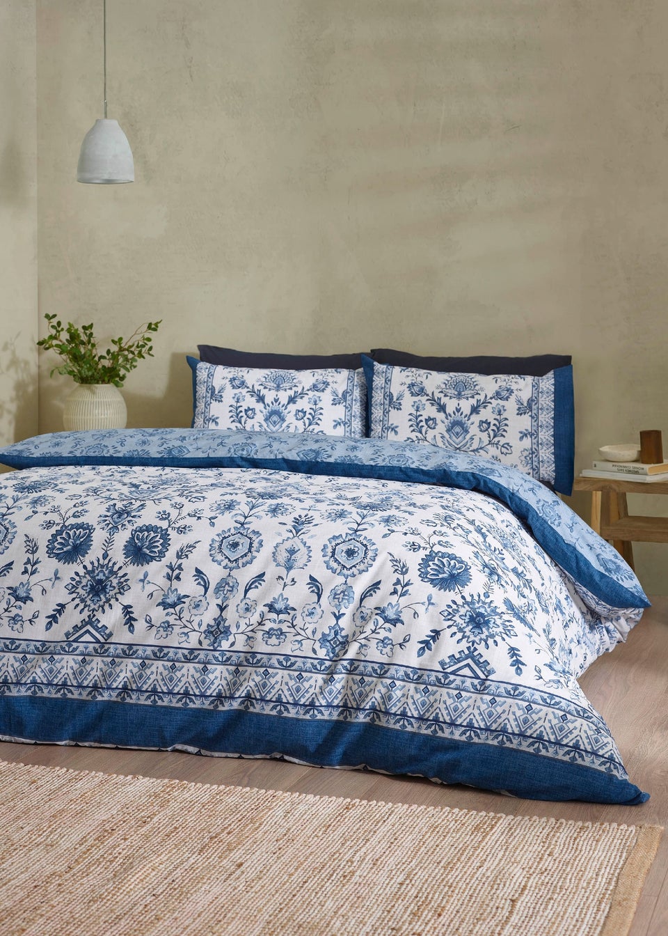 Catherine Lansfield Zoukara Floral Reversible Duvet Cover Set Blue
