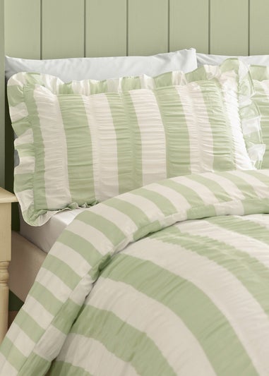 Catherine Lansfield Seersucker Frill Stripe Duvet Cover Set Green