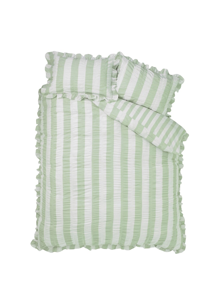 Catherine Lansfield Seersucker Frill Stripe Duvet Cover Set Green