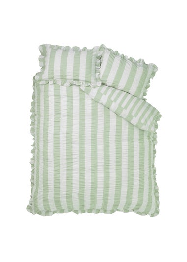 Catherine Lansfield Seersucker Frill Stripe Duvet Cover Set Green