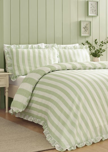 Catherine Lansfield Seersucker Frill Stripe Duvet Cover Set Green