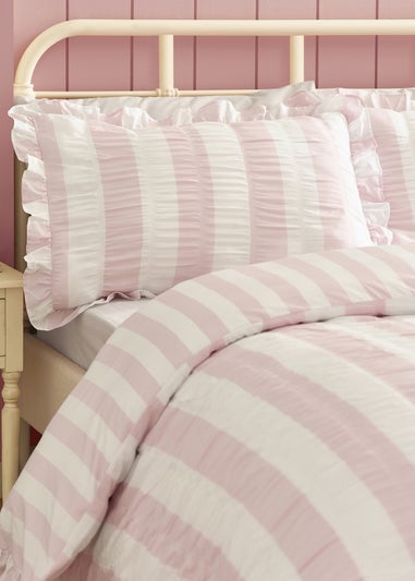 Catherine Lansfield Seersucker Frill Stripe Duvet Cover Set Pink