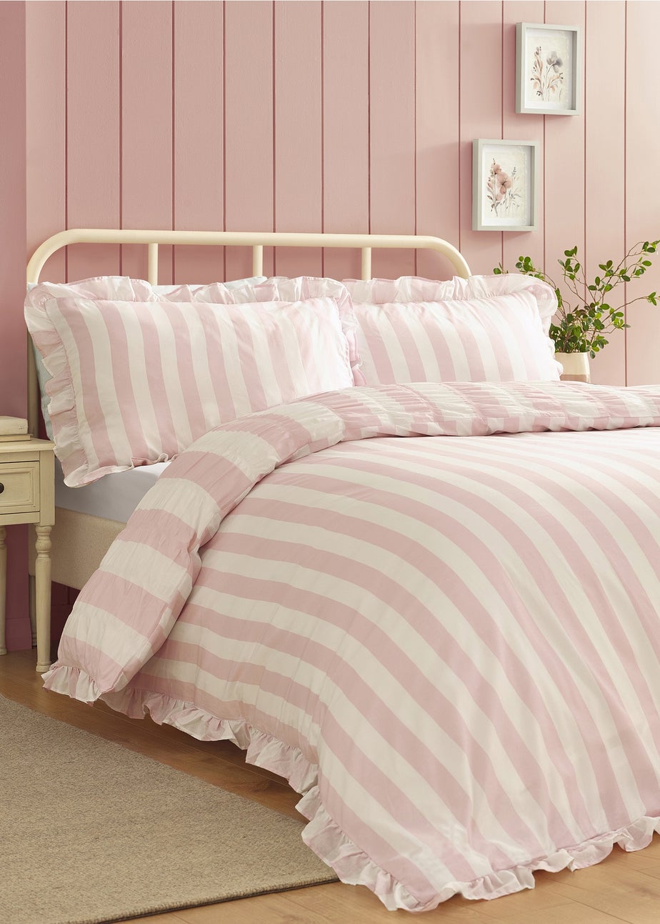 Catherine Lansfield Seersucker Frill Stripe Duvet Cover Set Pink