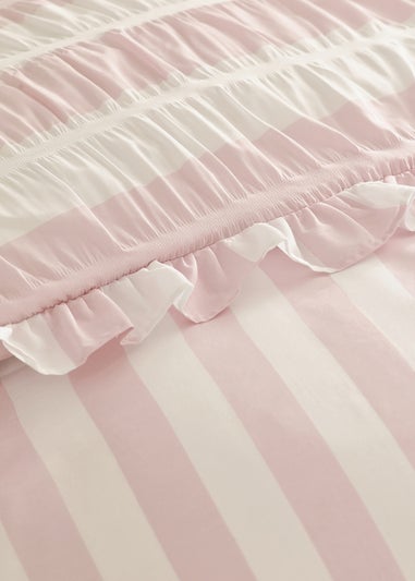 Catherine Lansfield Seersucker Frill Stripe Duvet Cover Set Pink