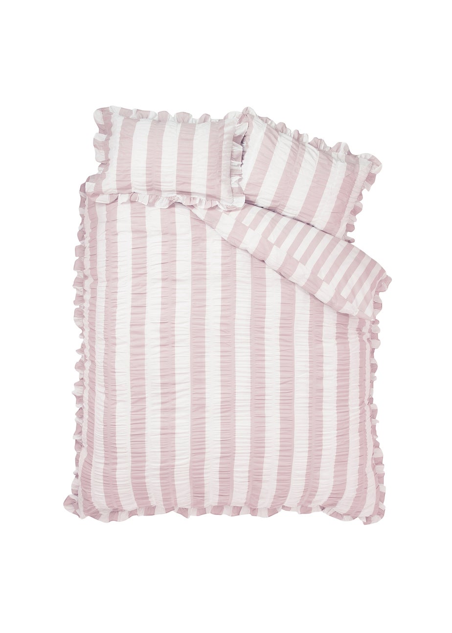 Catherine Lansfield Seersucker Frill Stripe Duvet Cover Set Pink