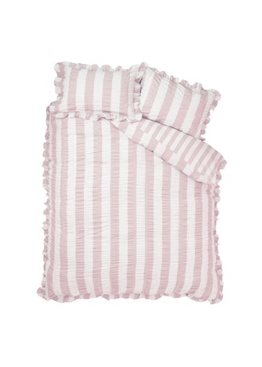 Catherine Lansfield Seersucker Frill Stripe Duvet Cover Set Pink