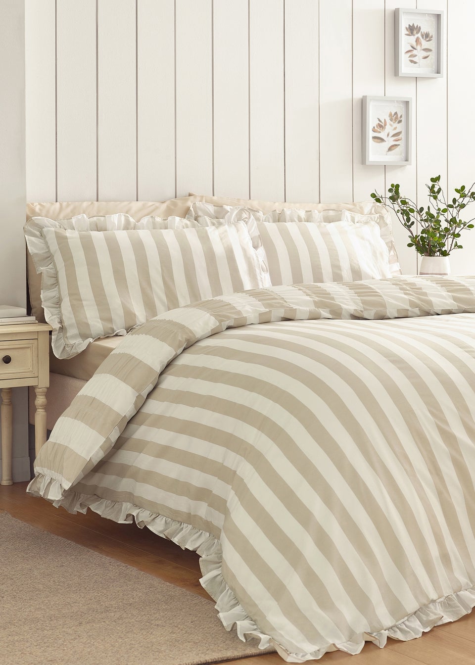 Catherine Lansfield Seersucker Frill Stripe Duvet Cover Set Natural