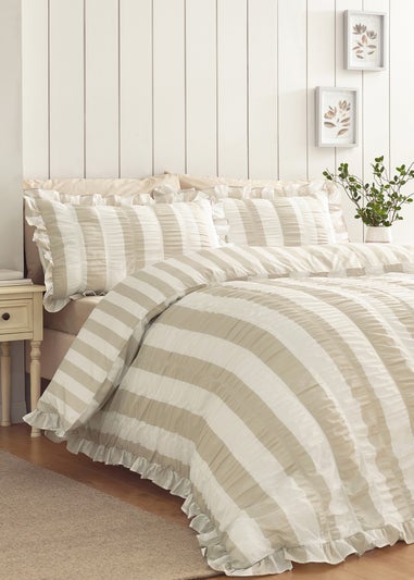 Catherine Lansfield Seersucker Frill Stripe Duvet Cover Set Natural