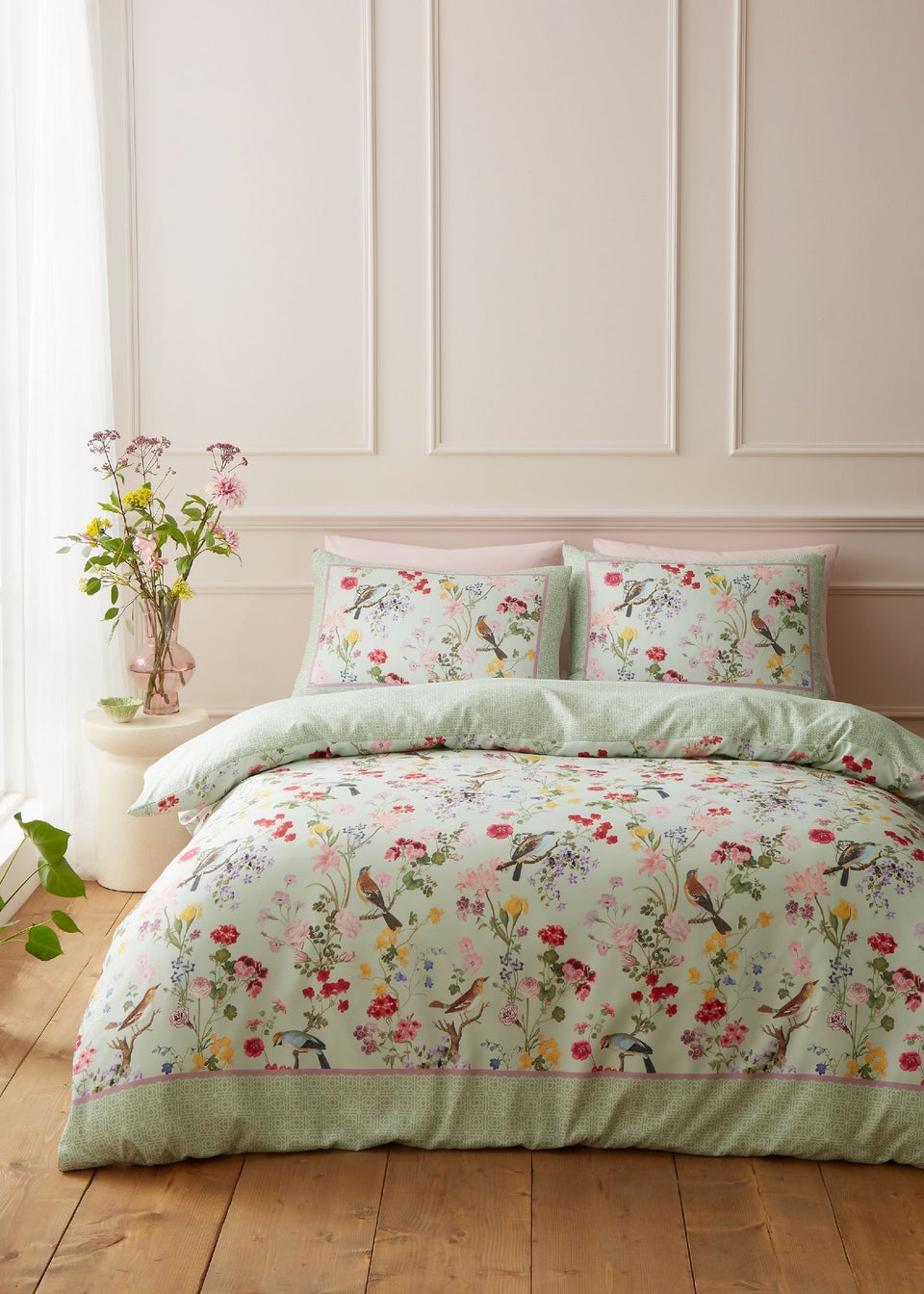 RHS x Catherine Lansfield Birds In Bloom So Soft Duvet Cover Set Green