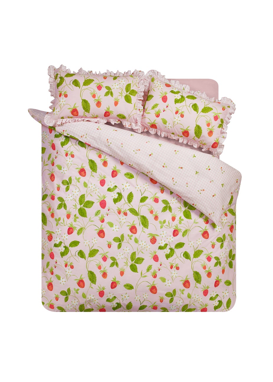 Catherine Lansfield Strawberry Frills Gingham Reversible Duvet Cover Set Pink