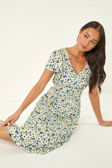 Roman Blue Petite Floral V-Neck Midi Dress