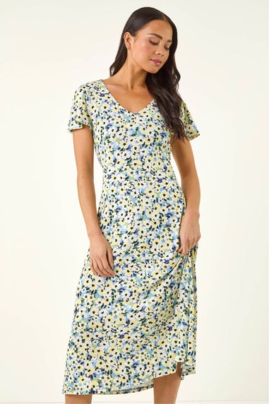 Roman Blue Petite Floral V-Neck Midi Dress