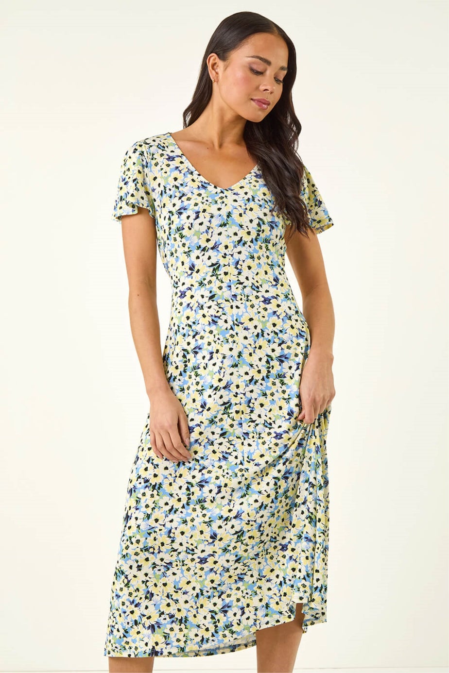 Roman Blue Petite Floral V-Neck Midi Dress