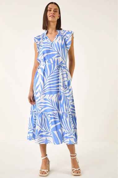 Roman Blue Leaf Print V-Neck Midi Dress