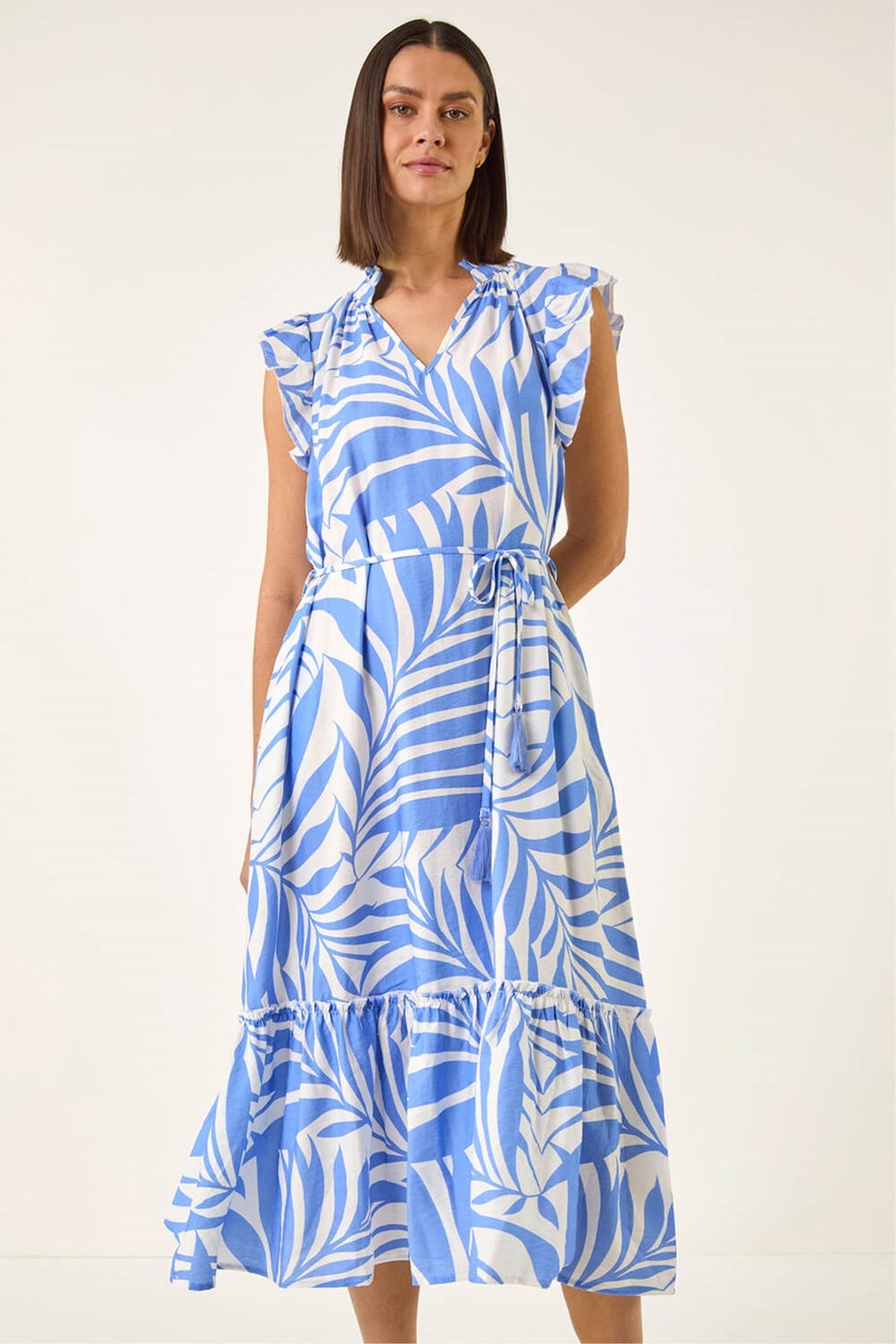 Roman Blue Leaf Print V-Neck Midi Dress