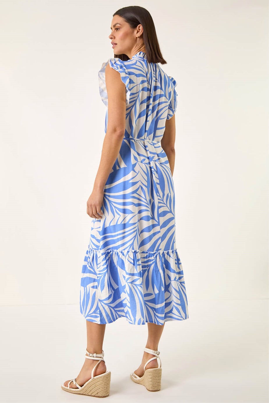 Roman Blue Leaf Print V-Neck Midi Dress