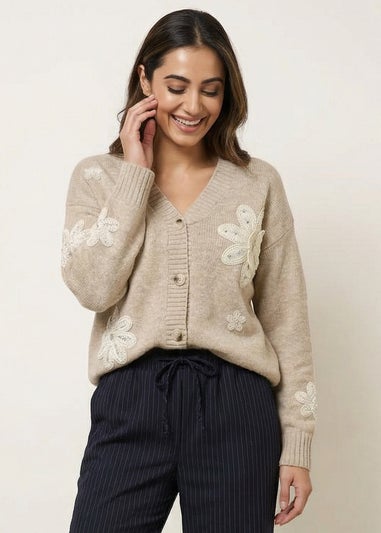 Blue Vanilla Beige Crochet Embellished Floral Cardigan