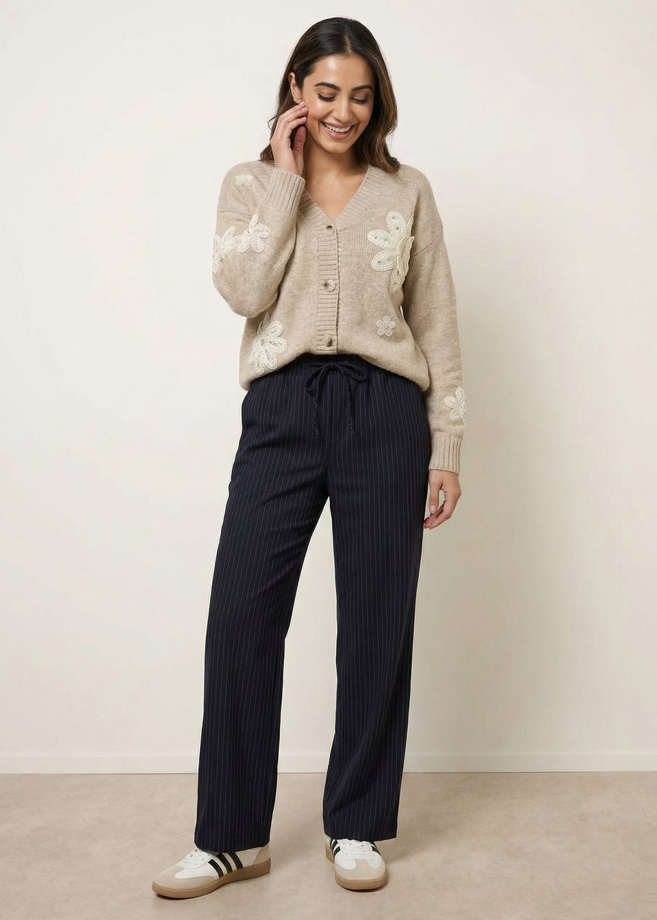 Blue Vanilla Beige Crochet Embellished Floral Cardigan