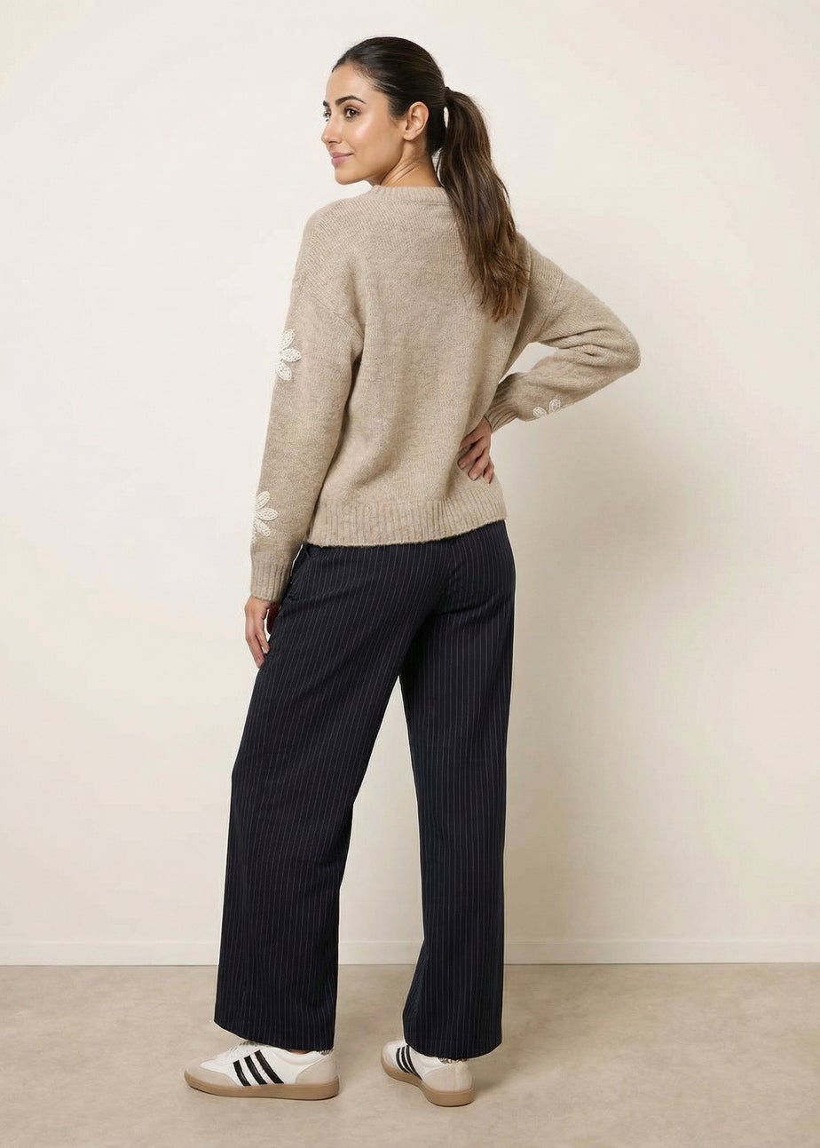 Blue Vanilla Beige Crochet Embellished Floral Cardigan