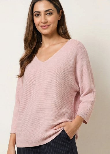 Blue Vanilla Pink Metallic V Neck Knitted Ripple Jumper