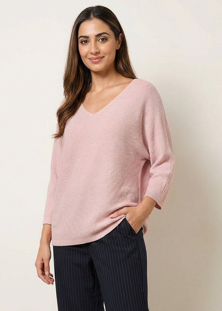 Blue Vanilla Pink Metallic V Neck Knitted Ripple Jumper