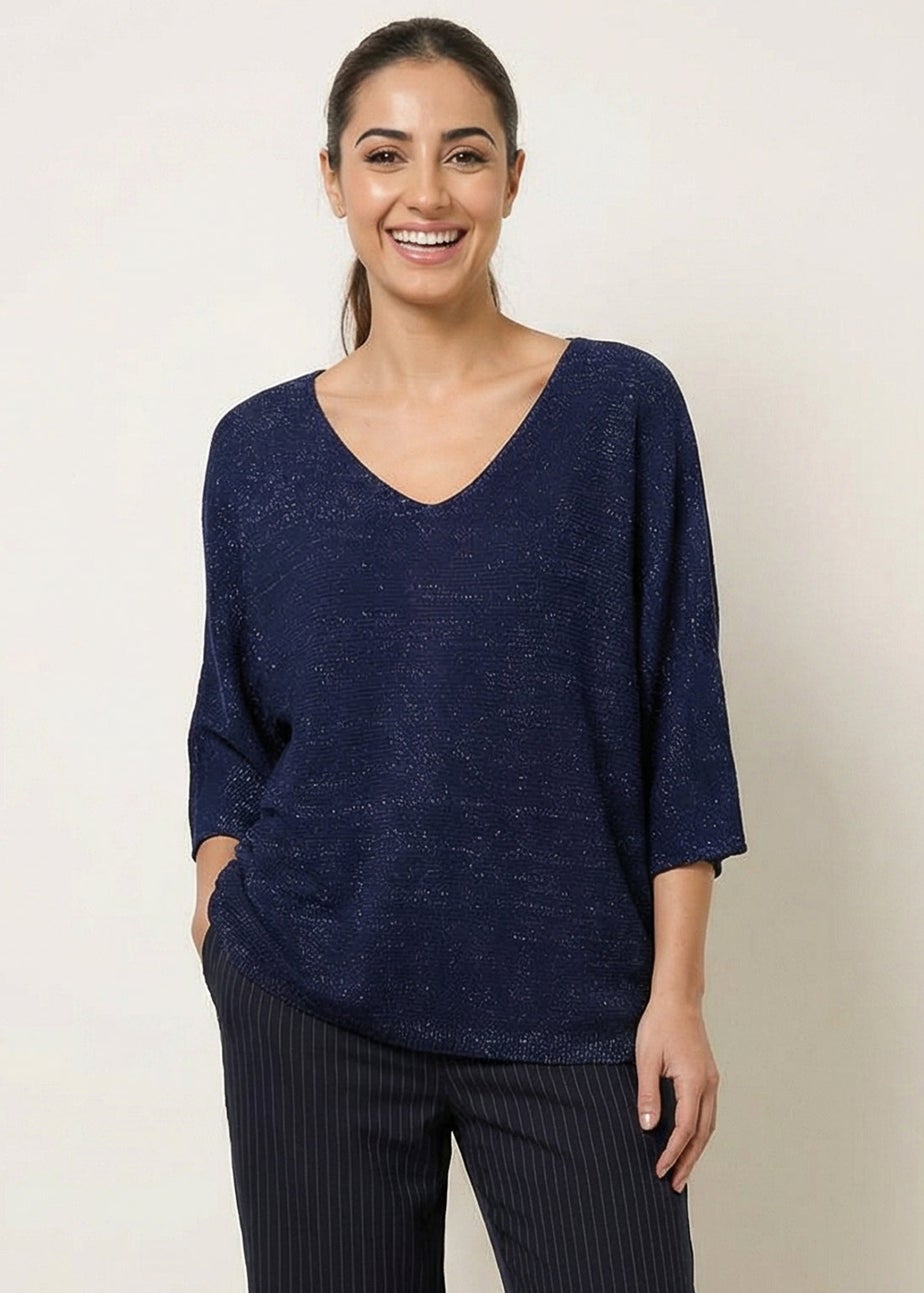 Blue Vanilla Navy Metallic V Neck Knitted Ripple Jumper