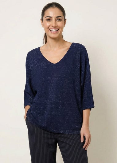 Blue Vanilla Navy Metallic V Neck Knitted Ripple Jumper