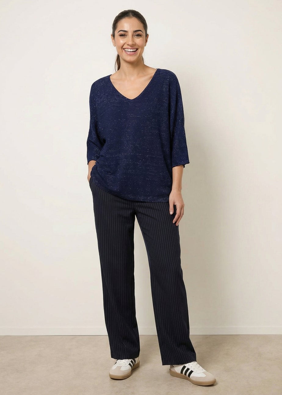 Blue Vanilla Navy Metallic V Neck Knitted Ripple Jumper