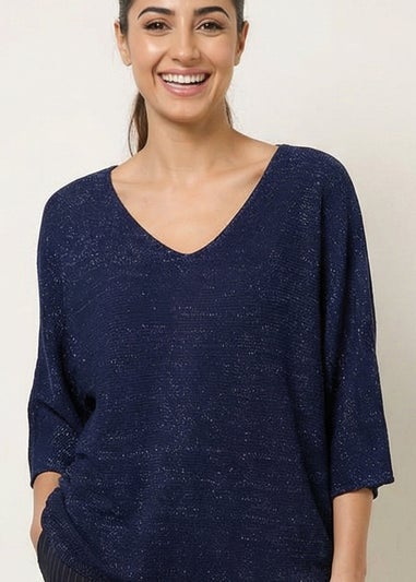 Blue Vanilla Navy Metallic V Neck Knitted Ripple Jumper