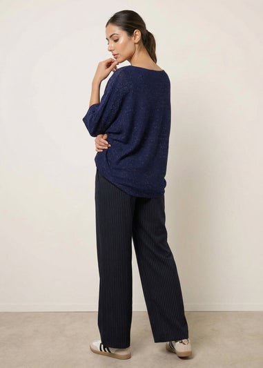 Blue Vanilla Navy Metallic V Neck Knitted Ripple Jumper