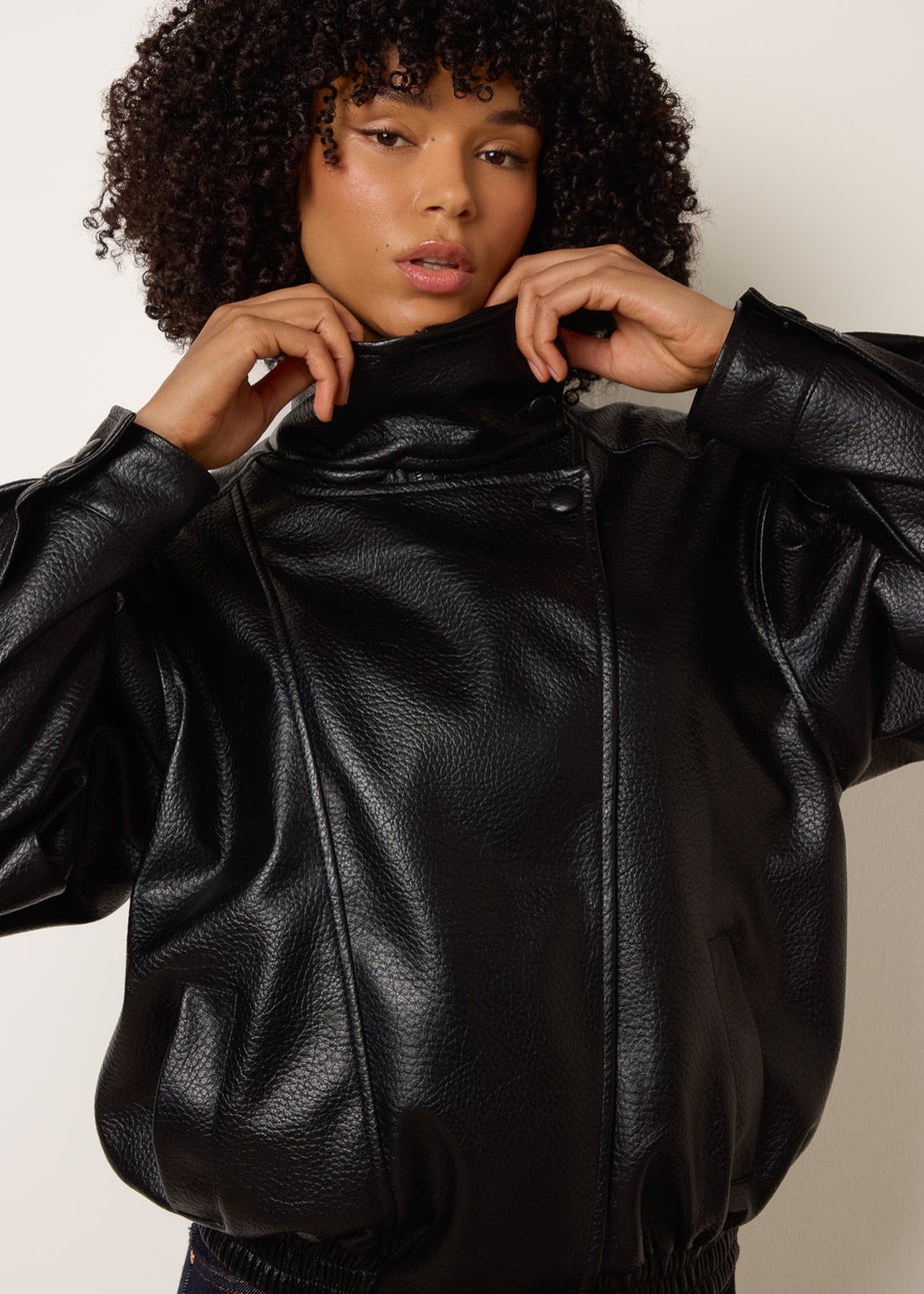 Blue Vanilla Black High Collar Faux Leather Jacket